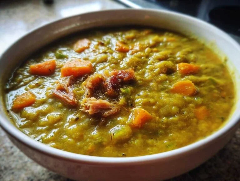 Delicious 1-pot pea soup served in a bowl with fresh herbs on top.
