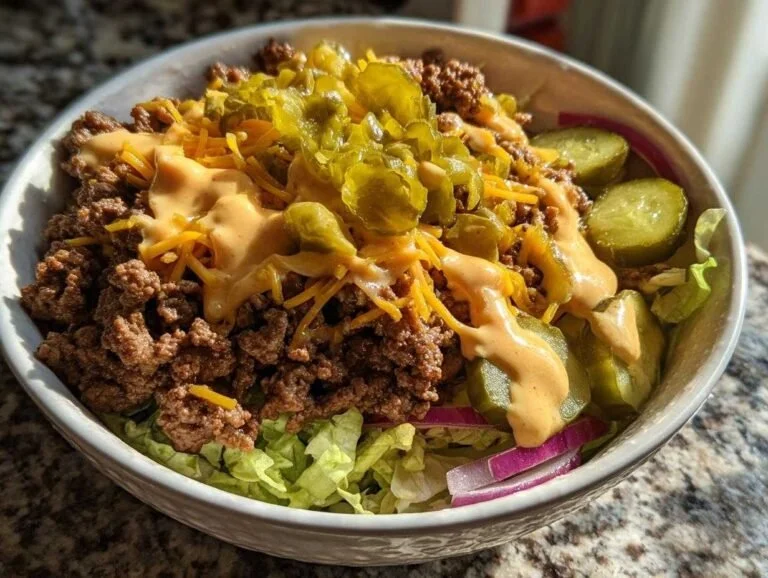 Delicious cheeseburger bowl topped with fresh ingredients on a wooden table.