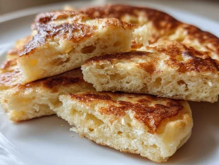 Fluffy banana pancakes stacked on a plate with syrup and bananas