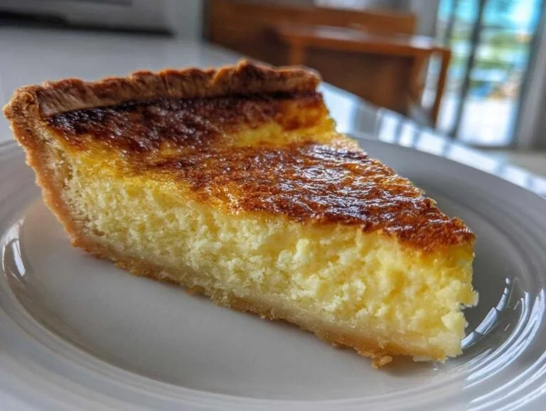 Slice of amazing buttermilk pie with whipped cream on top