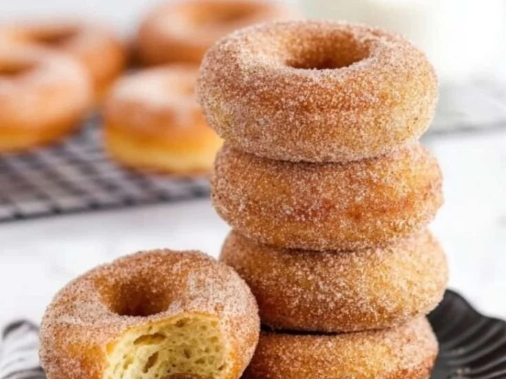 Delicious baked cinnamon sugar donuts on a plate, coated with cinnamon sugar.