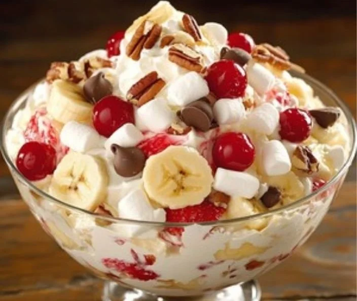 Delicious Banana Split Fluff Salad served in a bowl with toppings
