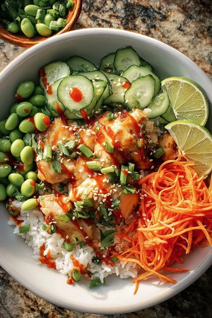 Bang Bang Chicken Bowl with vibrant ingredients and spicy sauce