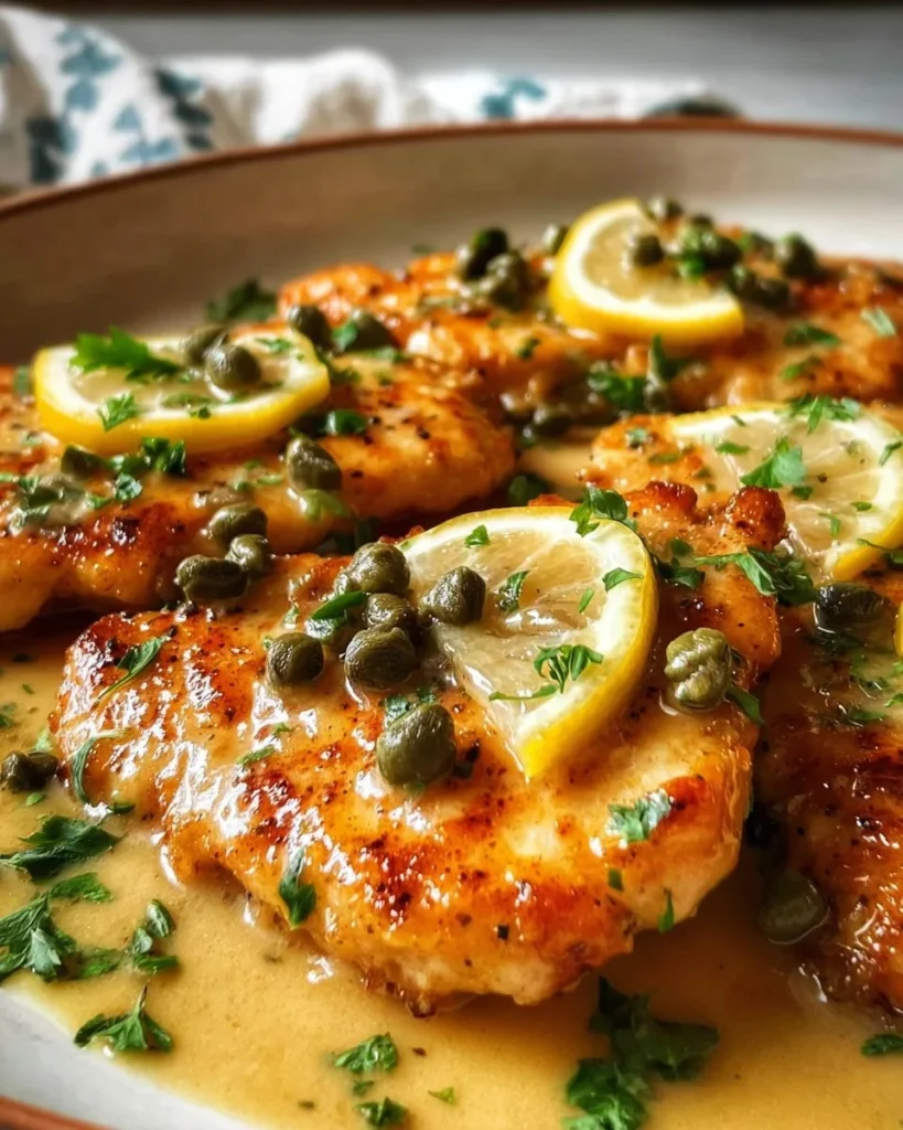 Delicious chicken piccata served with lemon and capers