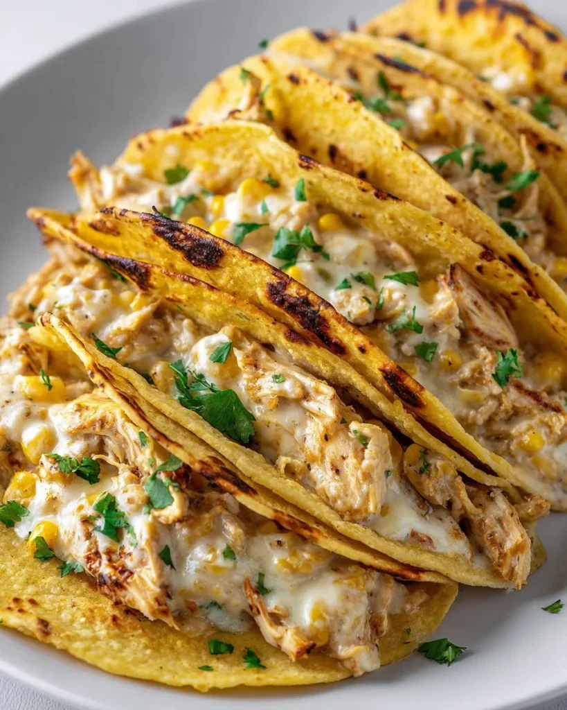 Delicious white chicken chili tacos topped with fresh ingredients