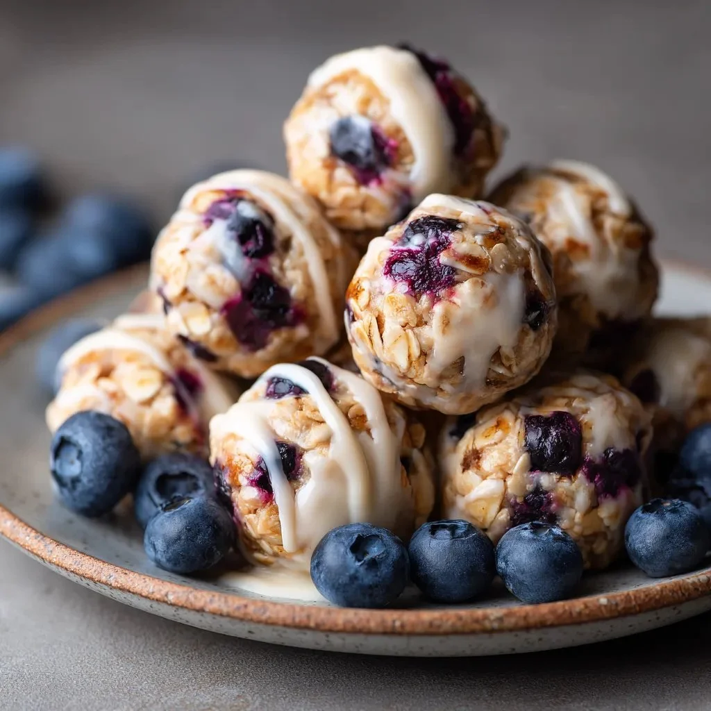 Delicious blueberry cheesecake protein bites on a plate