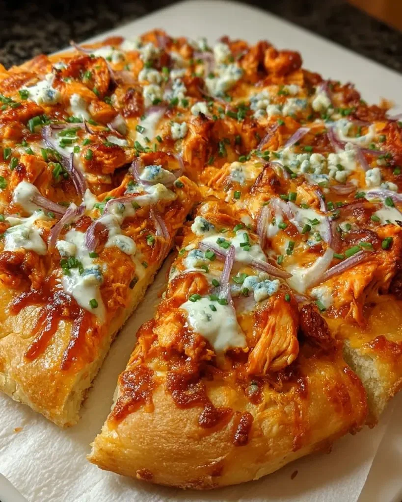 Bold Buffalo Chicken Pizza topped with spicy chicken and melted cheese