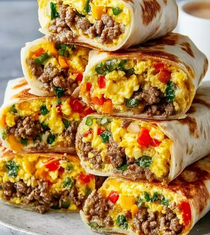 Delicious homemade breakfast burritos filled with eggs, cheese, and vegetables.