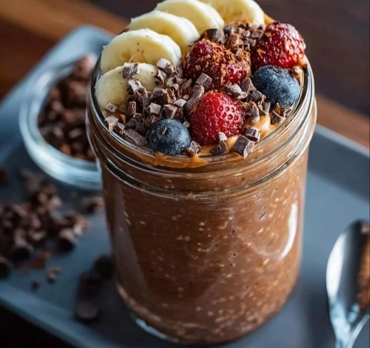 Bowl of brownie batter overnight oats topped with chocolate chips and nuts