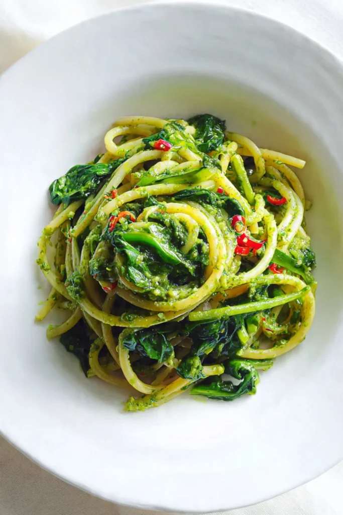 Bucatini pasta with Thai Basil and Green Chili Pesto served in a bowl.