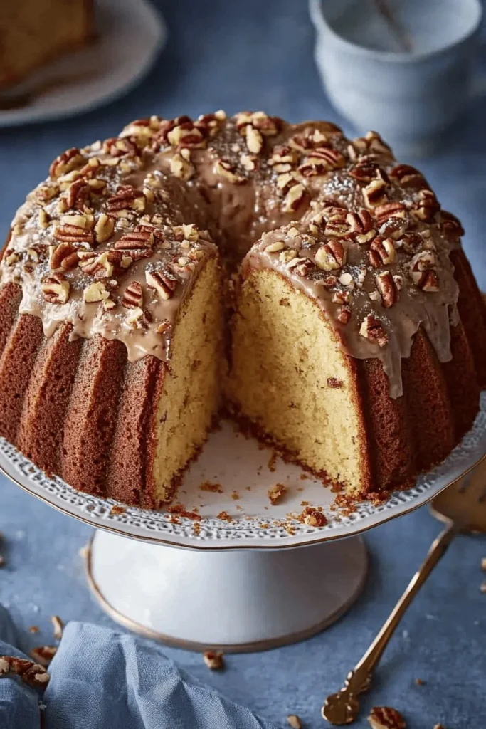 Delicious butter pecan pound cake topped with nuts