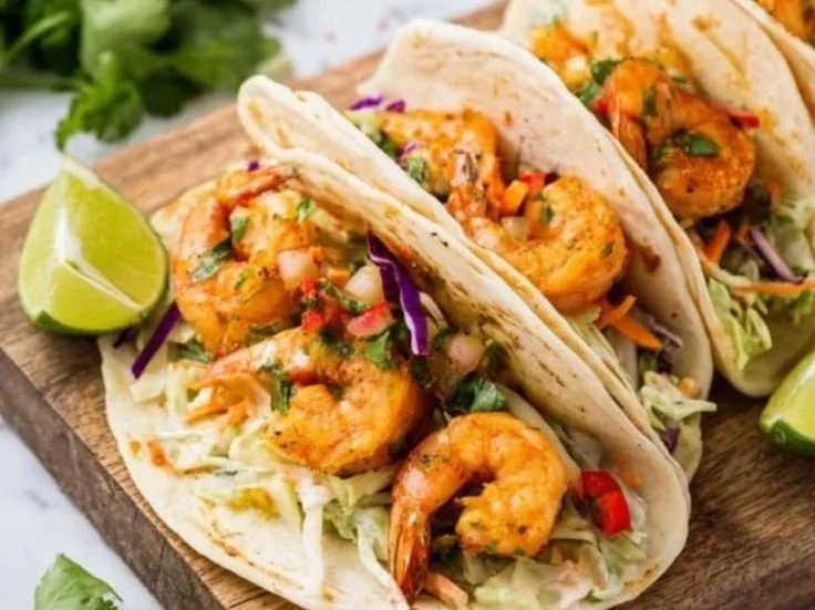 Cajun shrimp tacos served with creamy slaw on a plate