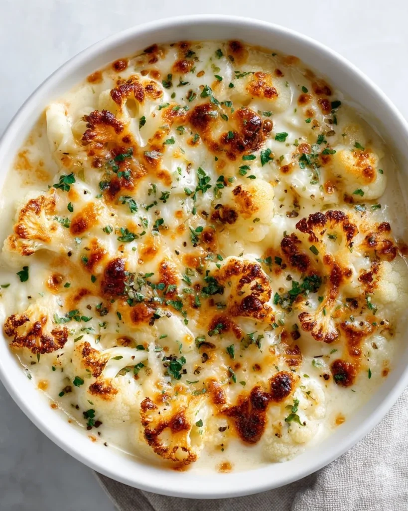 Creamy Cheddar Cauliflower and Roasted Garlic Soup bowl topped with herbs