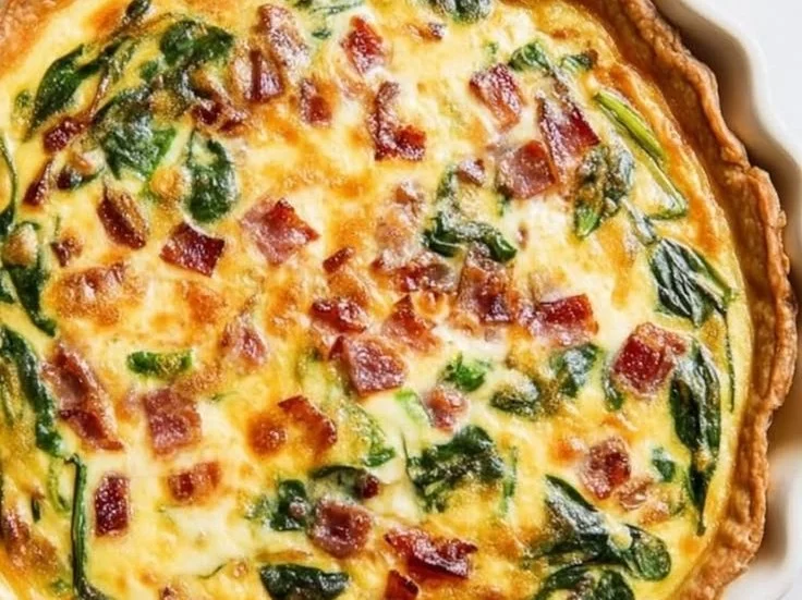 Delicious Cheese Spinach Bacon Quiche fresh out of the oven