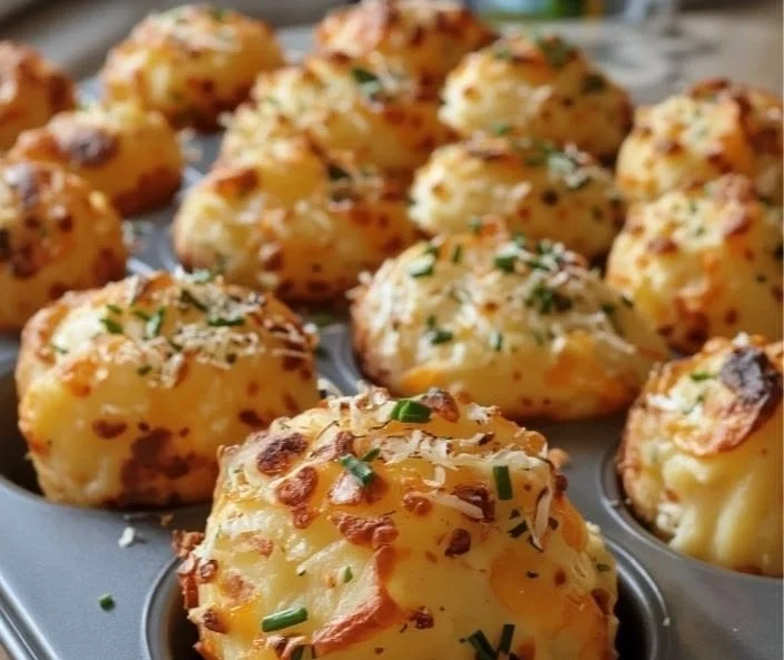 Cheesy mashed potato puffs served on a plate with a crispy golden exterior