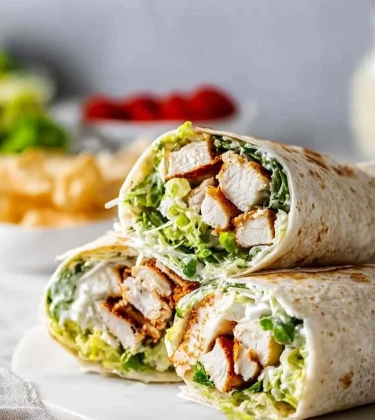 Delicious Chicken Caesar Wraps with fresh greens and dressing