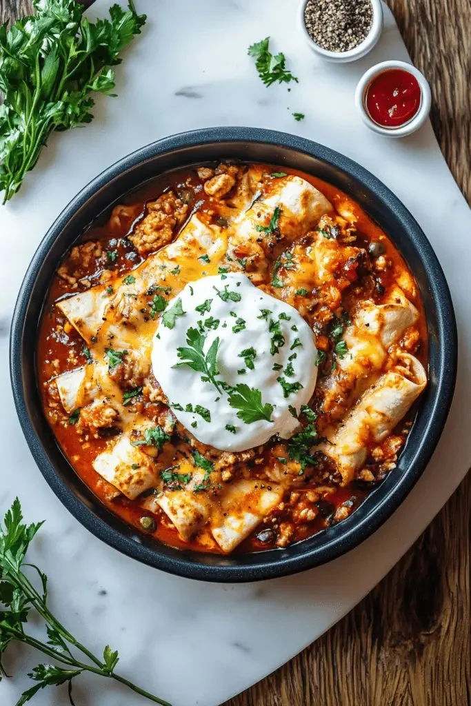 Plate of homemade Chicken Enchiladas topped with cheese and garnished with cilantro