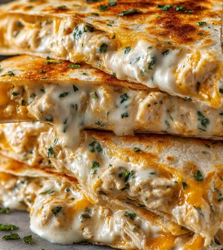 Delicious Chicken Ranch Quesadilla with chicken, ranch dressing, and melted cheese