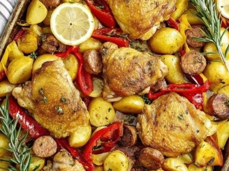 Plate of Chicken Scarpariello with potatoes and cherry peppers