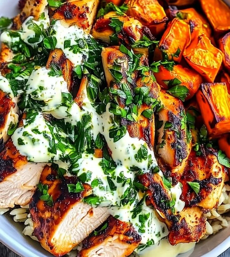 Healthy Chicken Sweet Potato Bowl featuring grilled chicken and roasted sweet potatoes