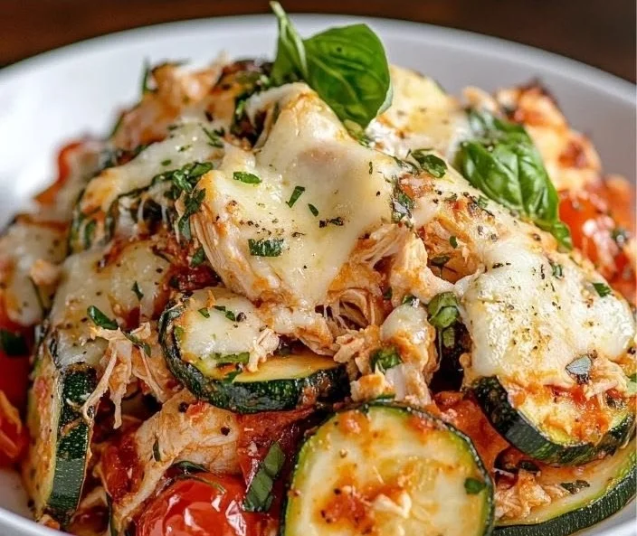 Delicious Chicken Zucchini Bake garnished with herbs