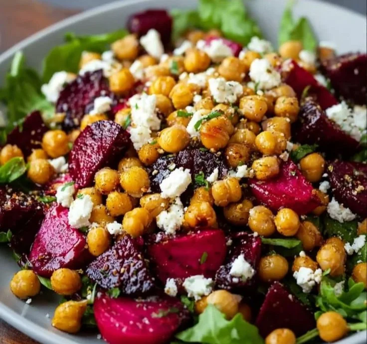 A delicious Chickpea Beet Feta Salad with vibrant colors and healthy ingredients.