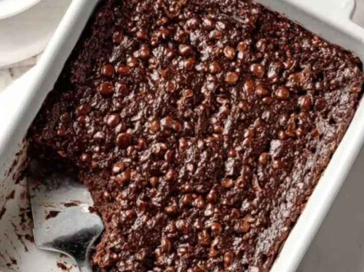 Chocolate brownie oatmeal bake topped with chocolate chips and nuts