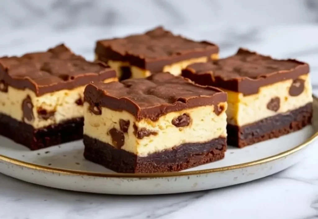 Delicious Chocolate Cookie Dough Cheesecake Bars with a creamy texture and chocolate topping