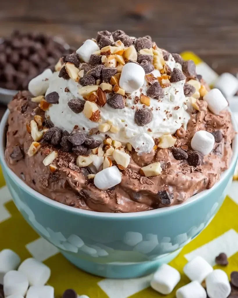 Delicious Chocolate Fluff Salad served in a bowl with whipped cream and chocolate shavings.