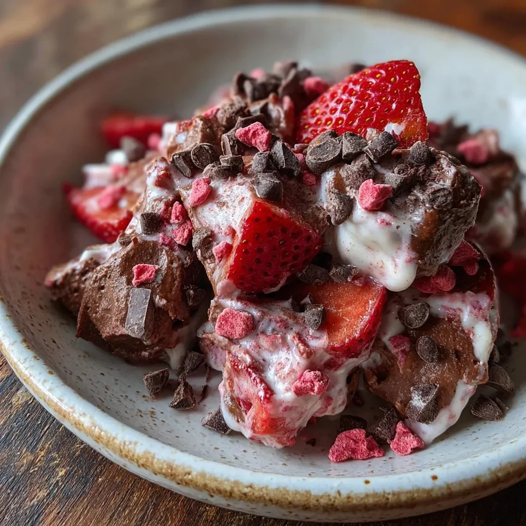 Chocolate strawberry yogurt clusters on a plate, healthy snack idea