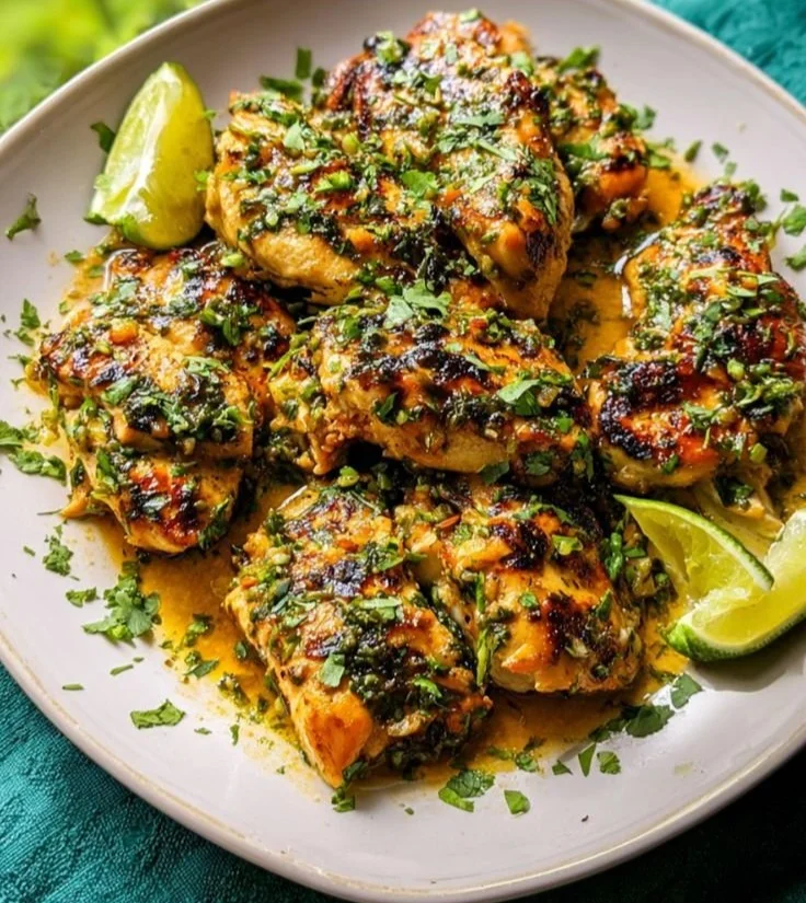 Grilled cilantro lime chicken thighs garnished with fresh cilantro and lime slices.