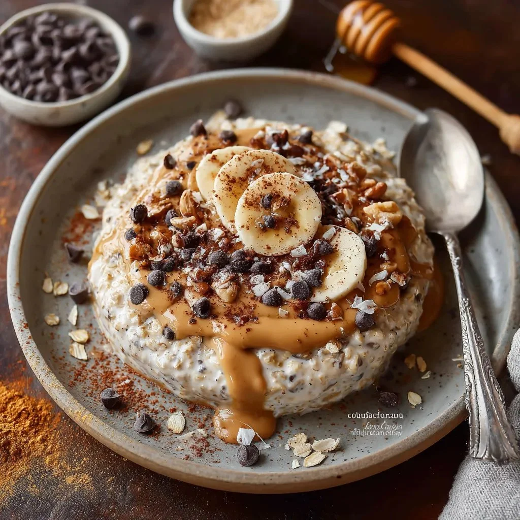 Bowl of cookie dough overnight oats topped with chocolate chips and nuts