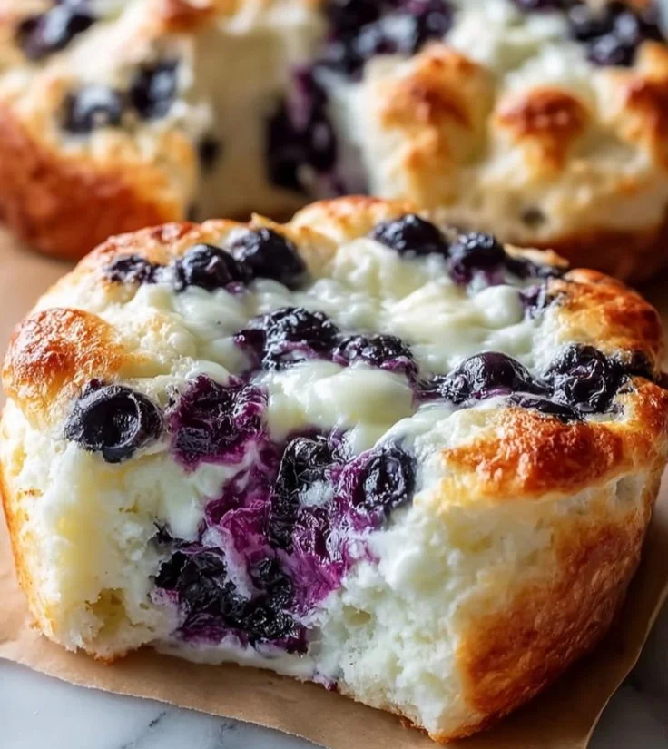 Cottage Cheese Blueberry Cloud Bread topped with fresh blueberries and herbs
