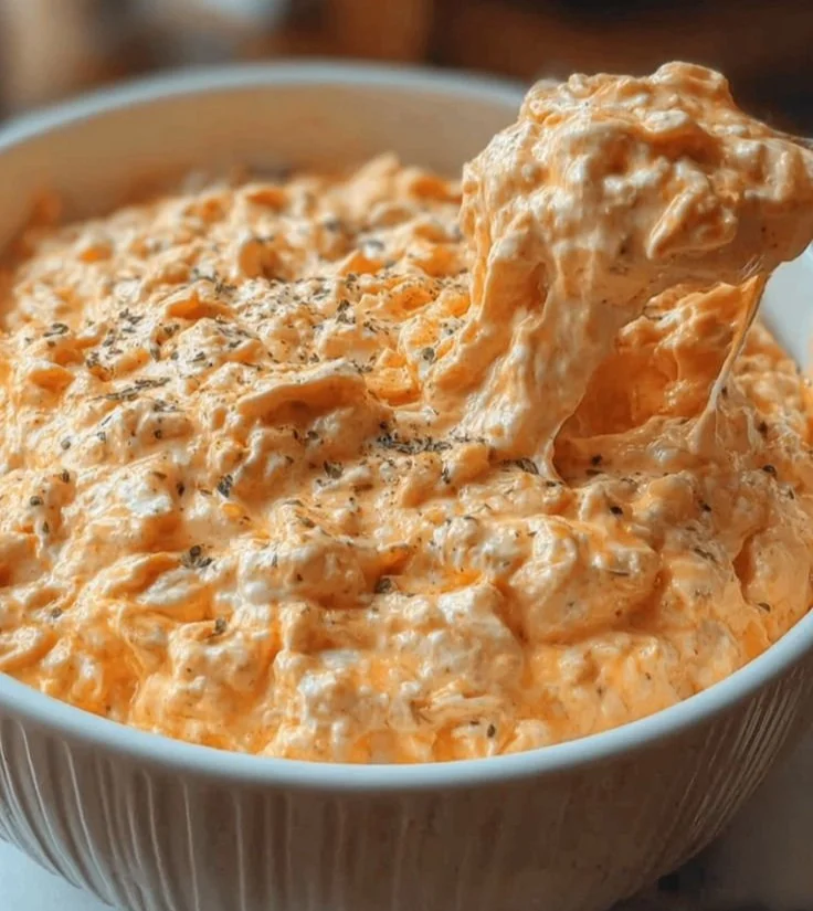 Cottage Cheese Buffalo Chicken Dip served in a bowl with tortilla chips