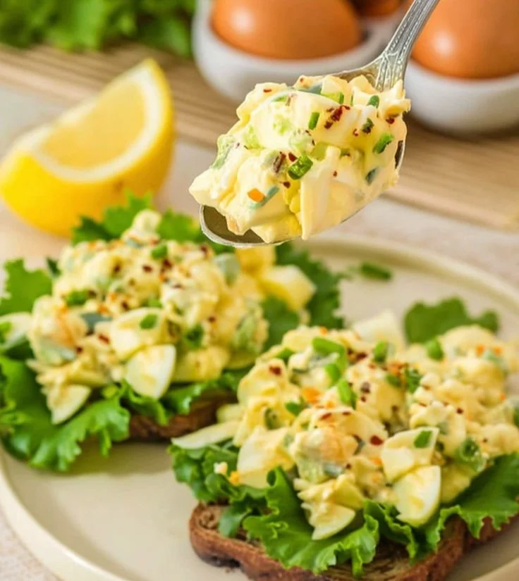 Bowl of cottage cheese egg salad garnished with herbs
