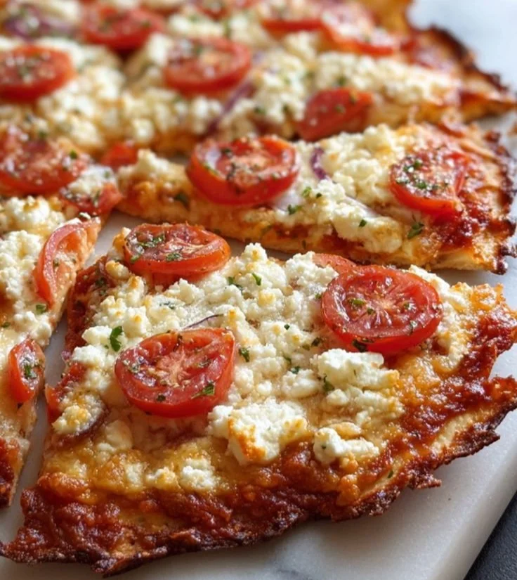 Delicious cottage cheese flatbread pizza topped with fresh vegetables