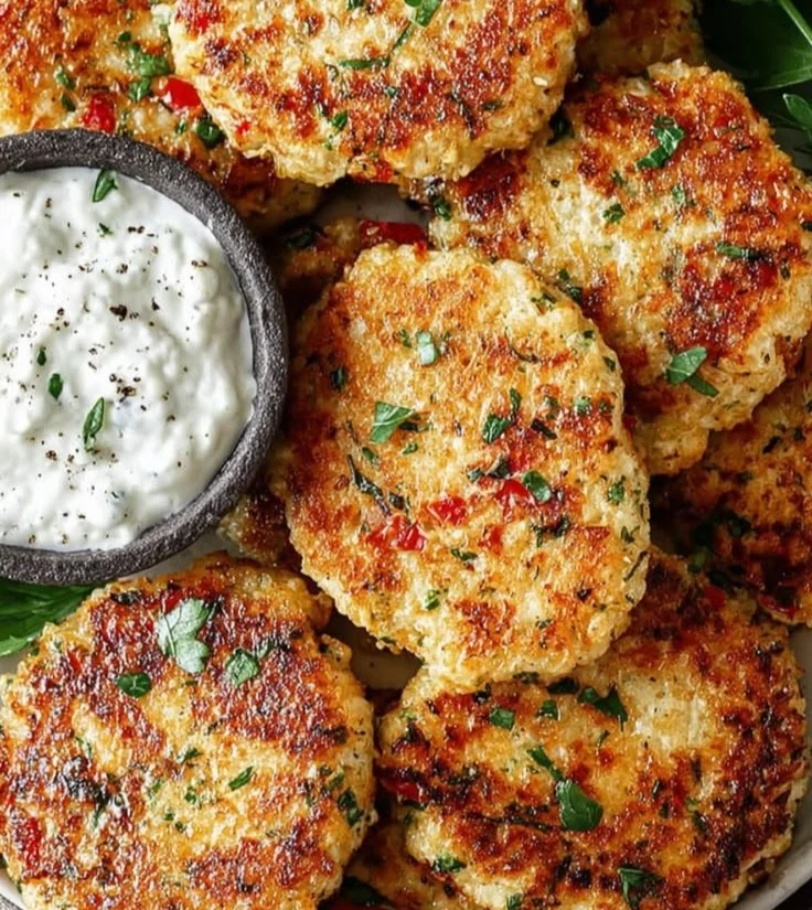 Cottage cheese patties served on a plate, garnished with herbs.