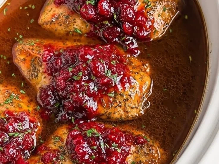Cranberry Chicken served in a slow cooker with fresh herbs and garnishes