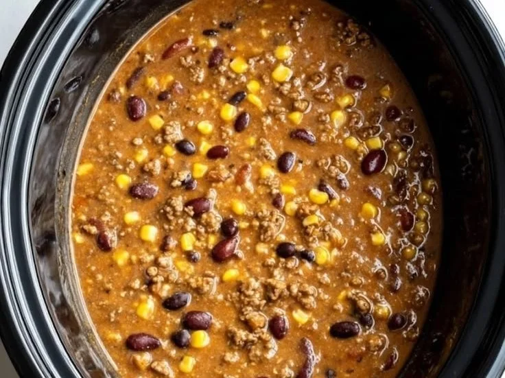 Delicious creamy beef taco soup served in a bowl, topped with fresh herbs.