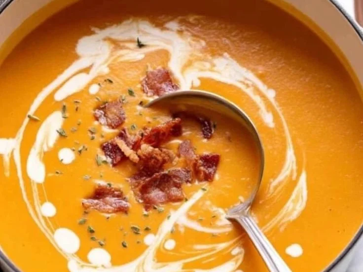 Bowl of creamy carrot soup with crispy bacon garnished with fresh herbs
