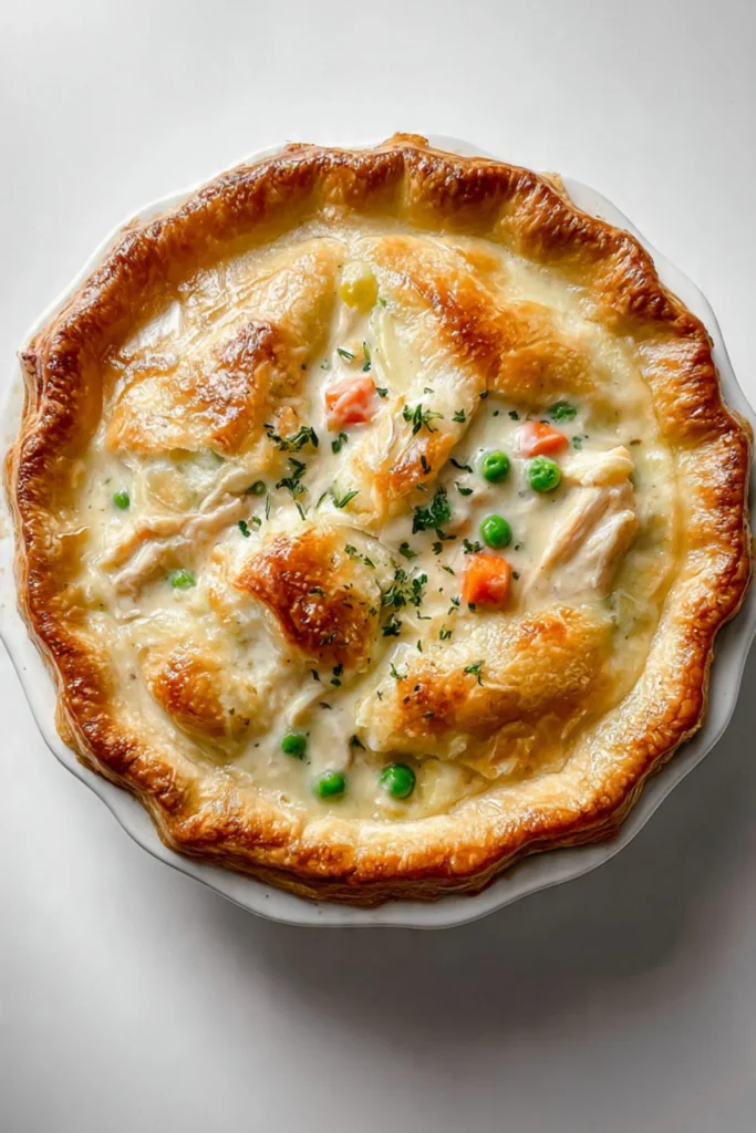 Delicious creamy chicken pot pie served in a ceramic dish
