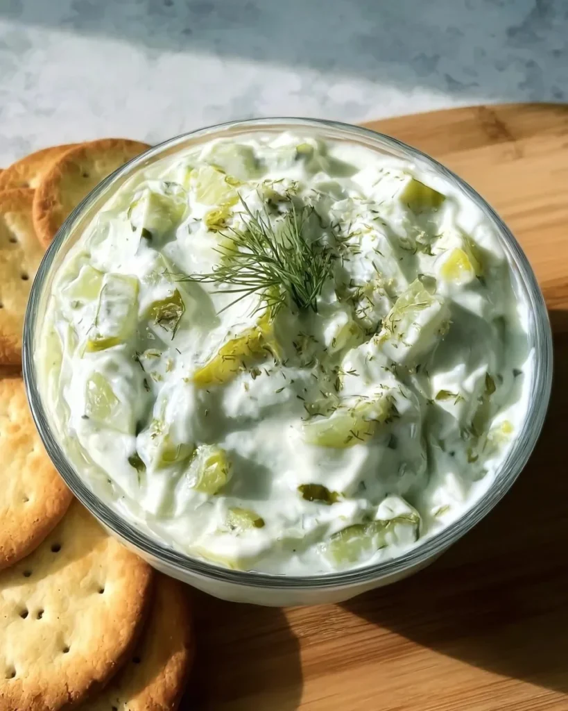 Creamy dill pickle cottage cheese dip served in a bowl with crackers