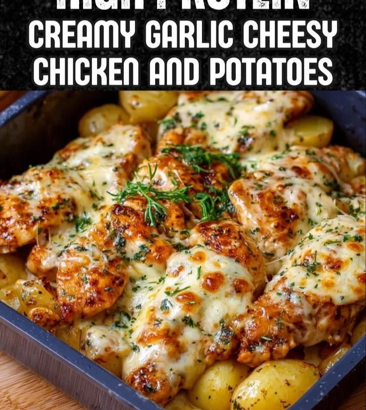 Creamy garlic cheesy chicken served with potatoes