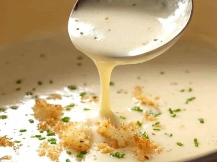 Bowl of creamy leek and potato soup garnished with fresh herbs