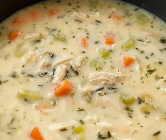 Bowl of creamy chicken wild rice soup recipe inspired by Panera.