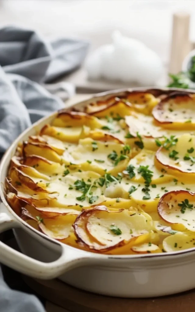 Creamy scalloped potatoes baked with cheese and herbs in a dish