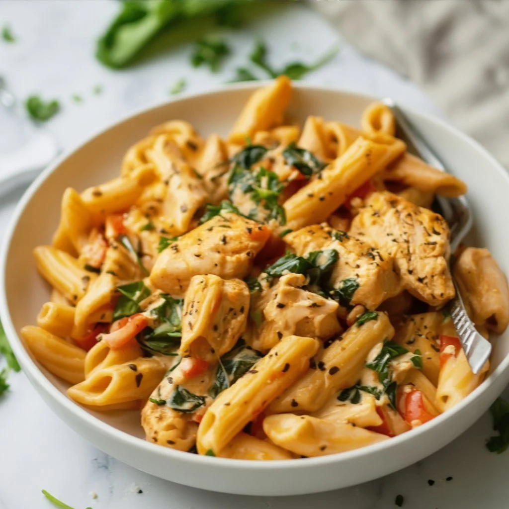 Delicious creamy Tuscan chicken pasta served in a bowl with herbs