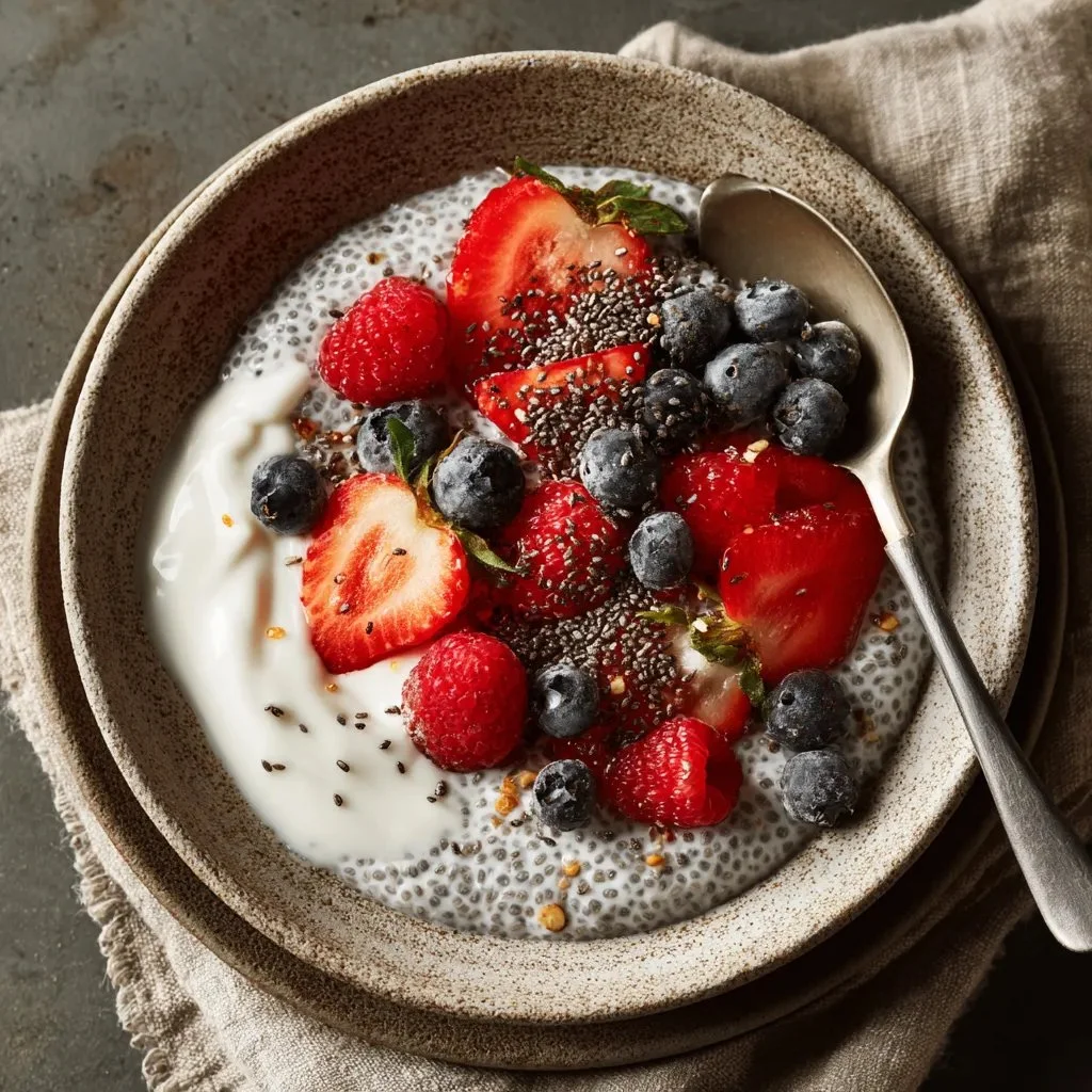 Creamy vegan gluten-free chia pudding topped with fresh berries