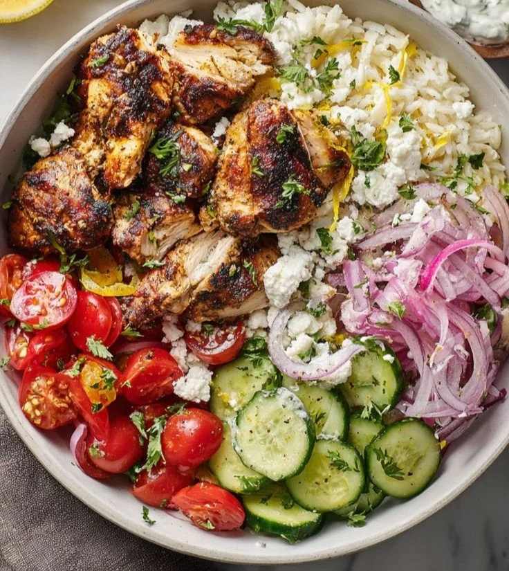 Crispy Chicken Gyro Bowl with fresh ingredients and tasty sauce