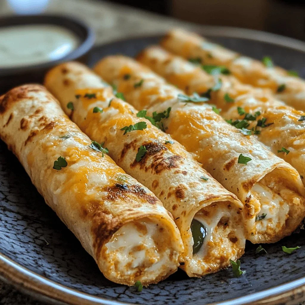 Plate of crispy chicken taquitos served with salsa and guacamole